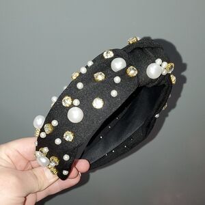 New handmade boutique rhinestone pearl top knot flexible wide headband black